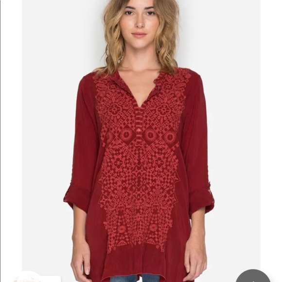 JOHNNY WAS Size XXL embroidered front button Rona tunic with sleeve roll tabs - Picture 2 of 12